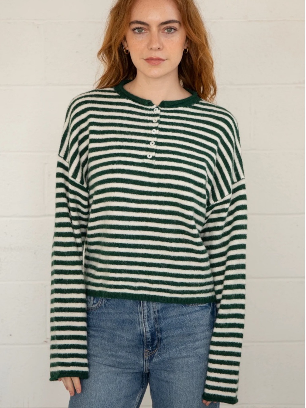 Striped Henley Pullover - Dark Green & White